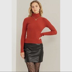 Monica Red Ribbed Turtleneck Long Sleeved Shirt